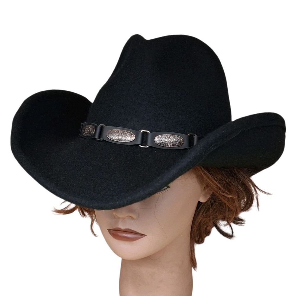 Black Wool Felt Cowboy Cowgirl Hat Silver Concho Band‎ Scala Handmade Western